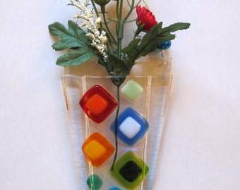 Fused Glass Wall Vase, Fused Glass Flower Vase, Wall Hanging Pocket Flower Vase, Bright Colorful Diamonds, Mothers Day Glass Vase