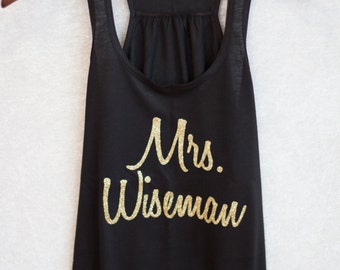 Bride tank top. Personalized Mrs. shirt. Glitter wording. Racerback tanks for bridal party, Maid of Honor, Bridesmaid. Bridal shower gift