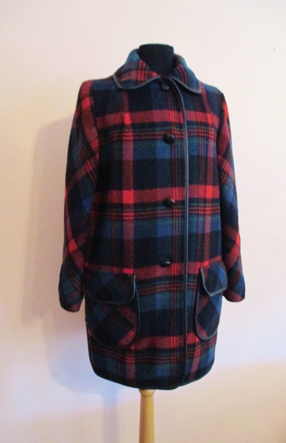 Vintage 60's Penguin Wool Plaid Coat with Leather Trim