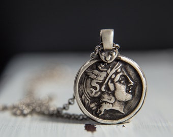 Hermes Sterling Silver Pendant-Ancient Greek Inspired Necklace-Greek God Necklace-Replica Coin Pendant-Greek Coin Jewellery