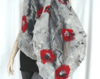 Nuno felted scarf silk and wool - Grey and red flowers shawl