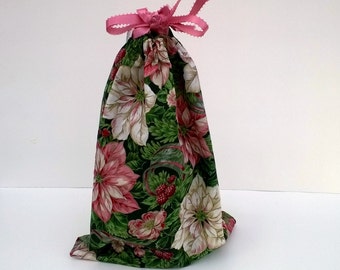 Large Pink Poinsettia Large Christmas Drawstring Fabric Gift Bag Upcycled, Reusable