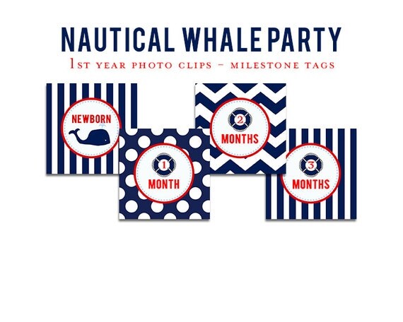 INSTANT DOWNLOAD, 1st Year Photo Clips - Printable Milestone Tags - Nautical Whale Theme Il_570xn