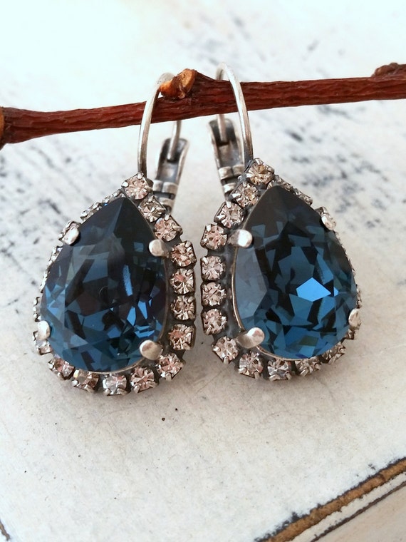 Navy Blue crystal teardrop earrings, Drop earrings, Bridal earrings ...