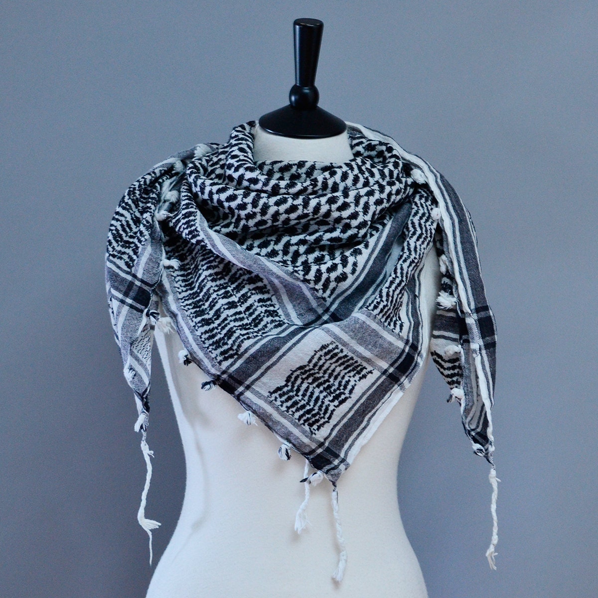 Vintage Huge Square Black White Tassled Shemagh Keffiyeh Arab Worn