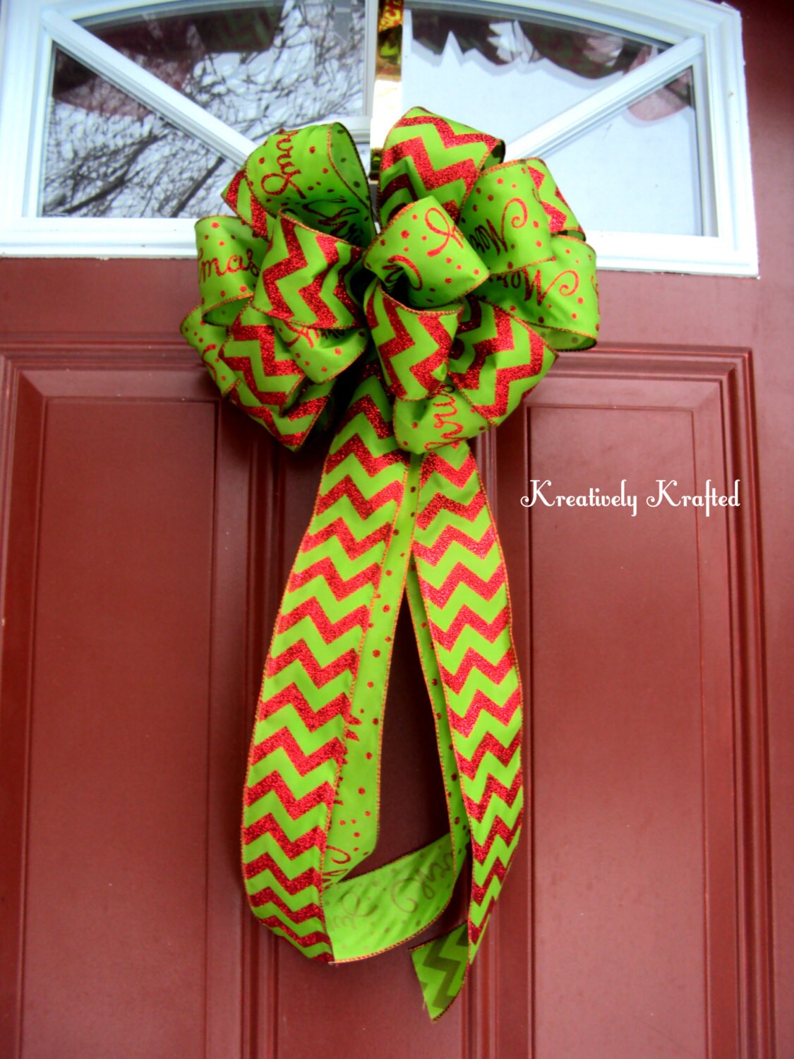 Lime Green & Red Chevron Christmas Ribbon Bow Decorative Bow Wreath Bow Swag GIft Present Bow