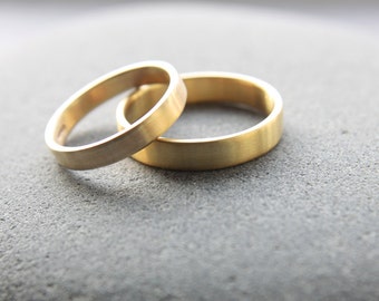 Wedding Ring Set: 18ct Yellow Gold Wedding Band Set, 3mm x 1.3mm Womens Ring, 4mm x 1.3mm Mens, Brushed Finish, Custom Sizes