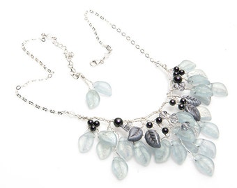 Blue Violet and Purple Glass Leaf Bib Necklace Bridal Necklace, Beaded Necklace, Nature Jewelry, Vintage Style Jewelry