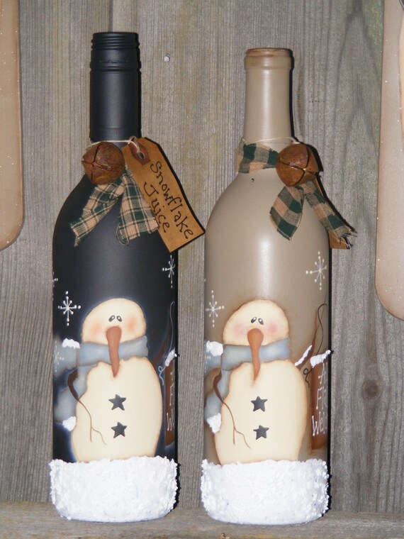 Primitive Snowman Decor-Handpainted Snowman Wine by 