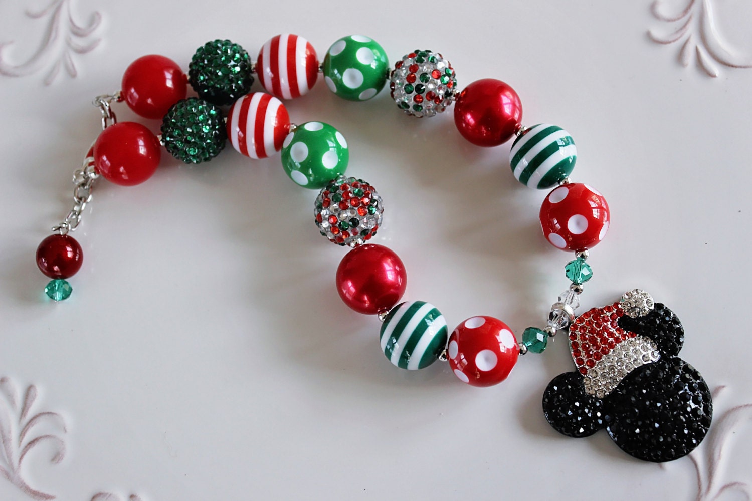 SANTA MICKEY Christmas Necklace Rhinestone Pendant Red