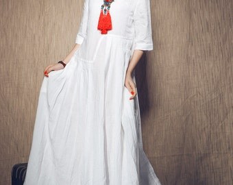 White Dress , Maxi Linen Dress, Wedding Maxi Linen Dress (in Stock) Xxl,xxxl / White Kaftan / Extravagant Long Dress / Party Dress C1003