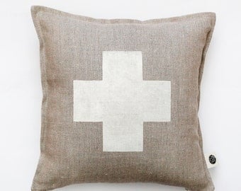 Swiss cross pillow cover - gray linen - decorative covers - throw pillows - shams 14x14/16x16/18x18/20x20 0363