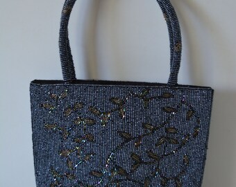 Blue beaded evening handbag,1970s vintage Japanese tote