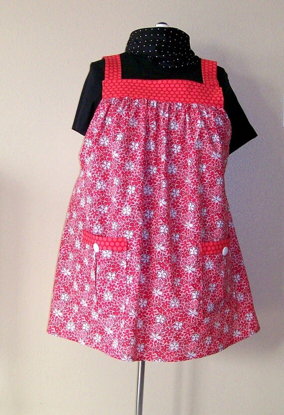 Red Floral No Tie Smock Apron Plus Size