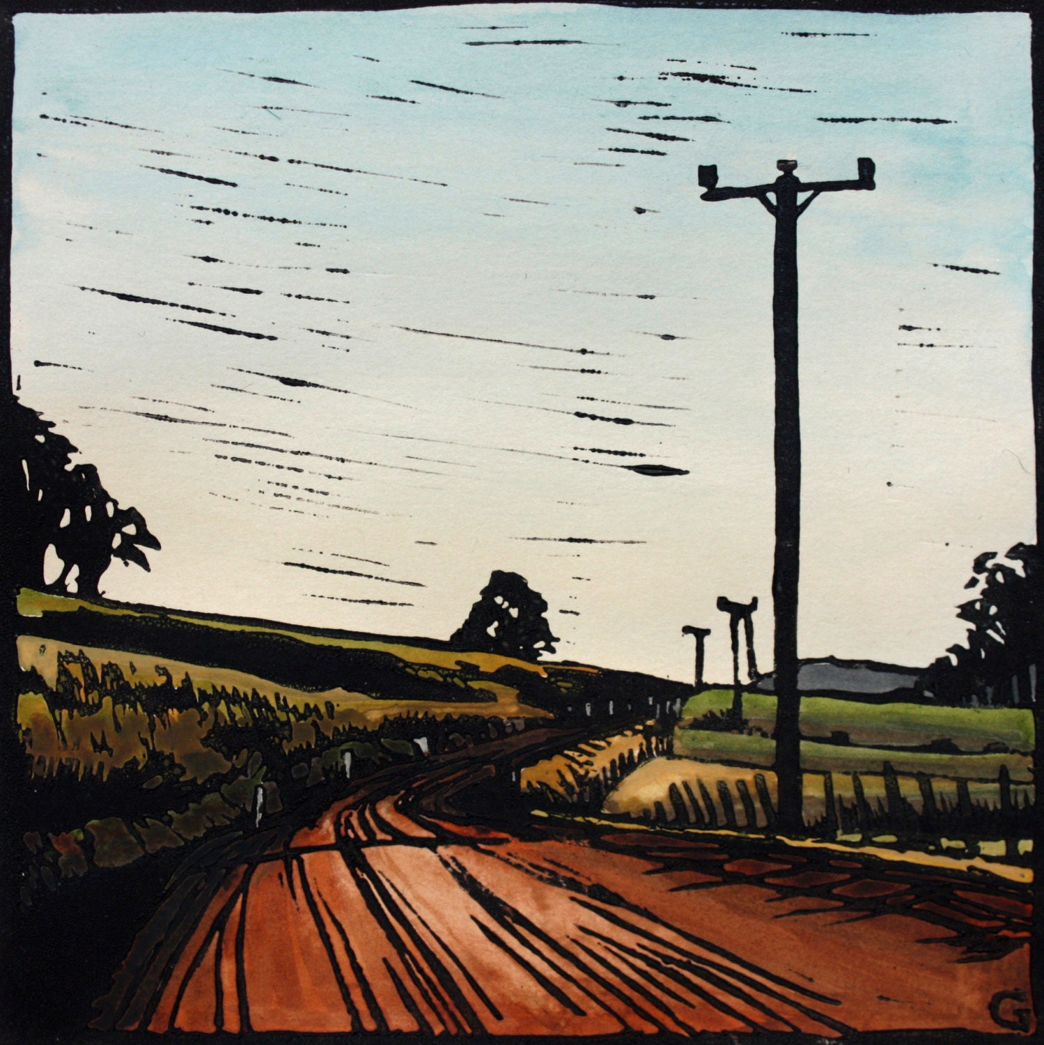 Linocut Print Handcoloured Landscape Going Home