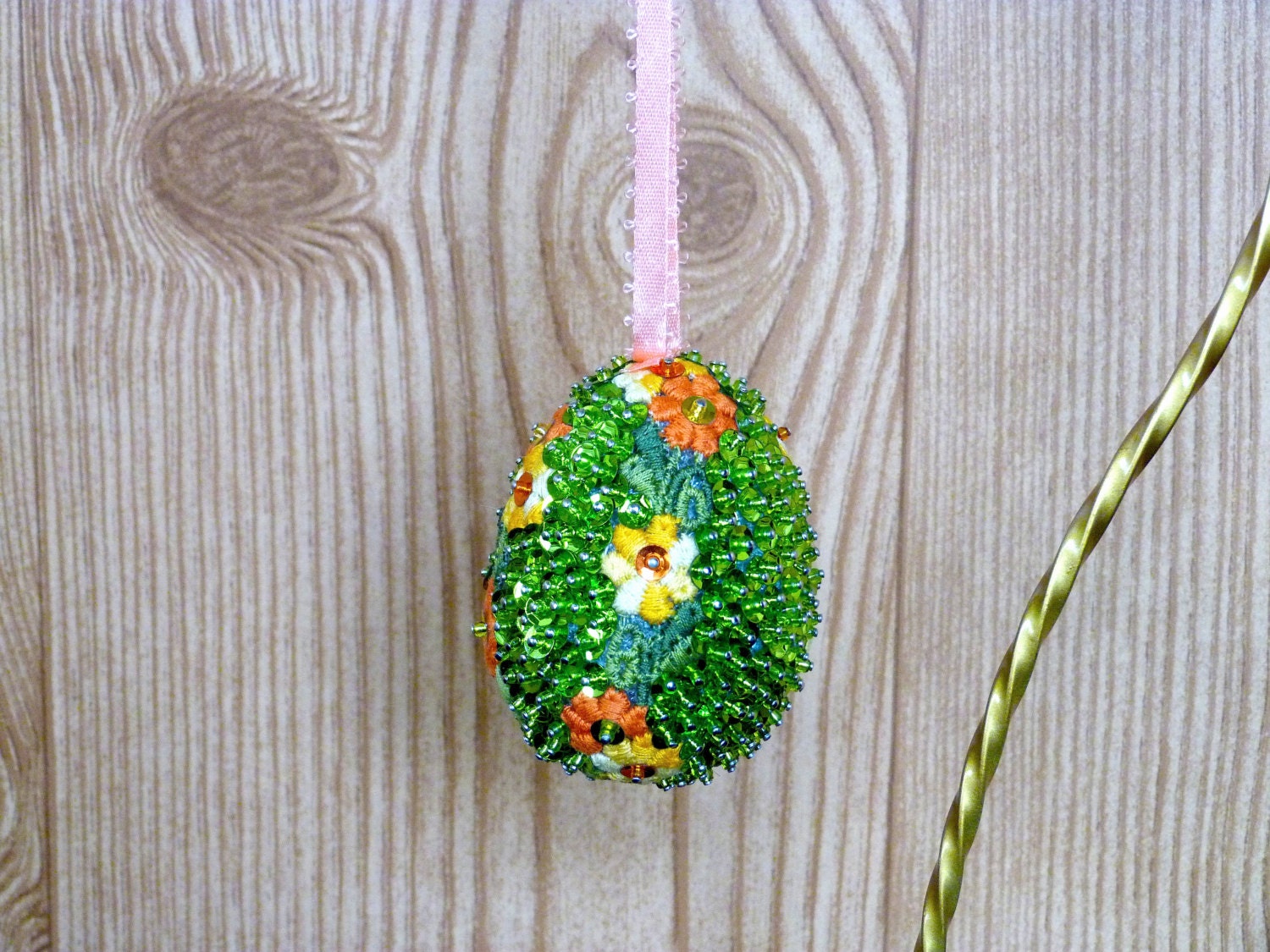 Sequin and Bead Jeweled Ornament Egg Decoration Christmas Easter Holiday Home Decor Handmade Original Green Floral