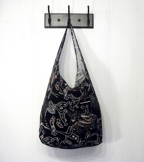 Australian Fabric Tote Bag with Pockets Black Brown Aborigines Tribal ...
