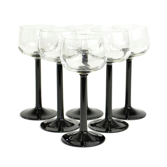 Black Stem Crystal Goblets by Luminarc / Arcoroc France 6