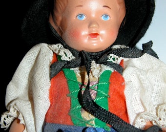 Deco Celluloid Doll Adorable Petite Vintage European Celluloid Plastic Souvenir Doll Dutch? German? Swiss?