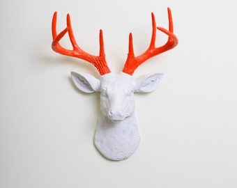 Faux Deer Mount - The MINI Adelaide - White w/Orange Antlers Resin Deer Head- Stag Resin White Faux Taxidermy- Chic & Trendy