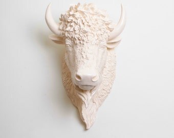 Faux Bison - The Aspen - Antique White Resin Bison Head- Buffalo Resin Antique White Faux Taxidermy- Chic & Trendy