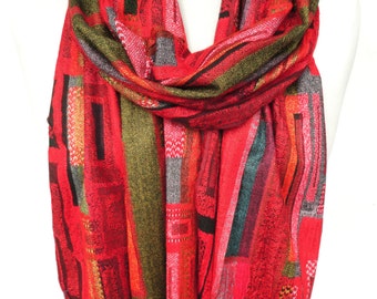 Red Scarf. Geometric Pashmina Scarf. Colorful Fringe Scarf. Birthday Gift. Soft Winter Scarf. Velvet Gift. 13x70in (33x180cm) Ready2Ship
