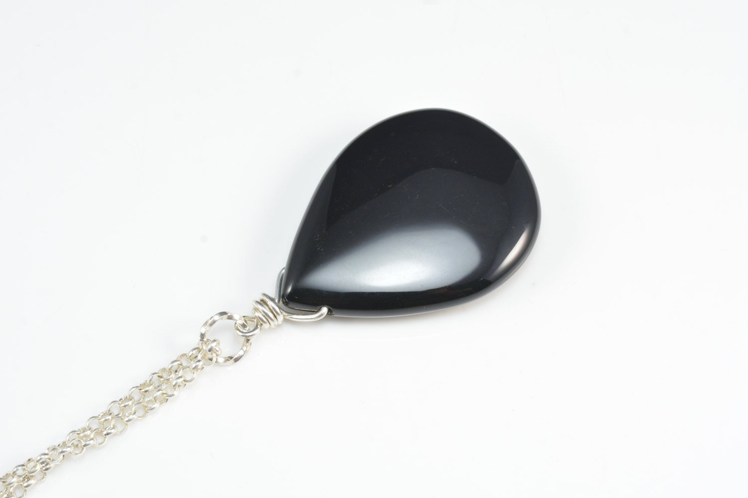 black onyx teardrop pendant, anthentic black agate gemstone necklace ...
