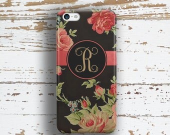 Monogram Iphone 5c case, Women's Iphone 6+ case, Elegant iPhone 5s case Floral iPhone 6s case, Women's fashion, Black red roses green (9637)