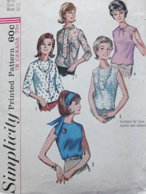 1960s Collarless  Blouse  Simplicity 6238 Sewing Pattern 