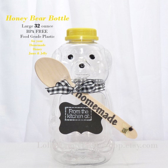 Items similar to 1 Honey Bear Bottles ( 32 oz ) with Yellow Lid and FREE Blank Black Chalkboard