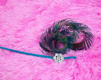 Gorgeous ready to ship teal peacock sword feather headband w rhinestone halo girls kids child adult OSFM photography prop topper flapper