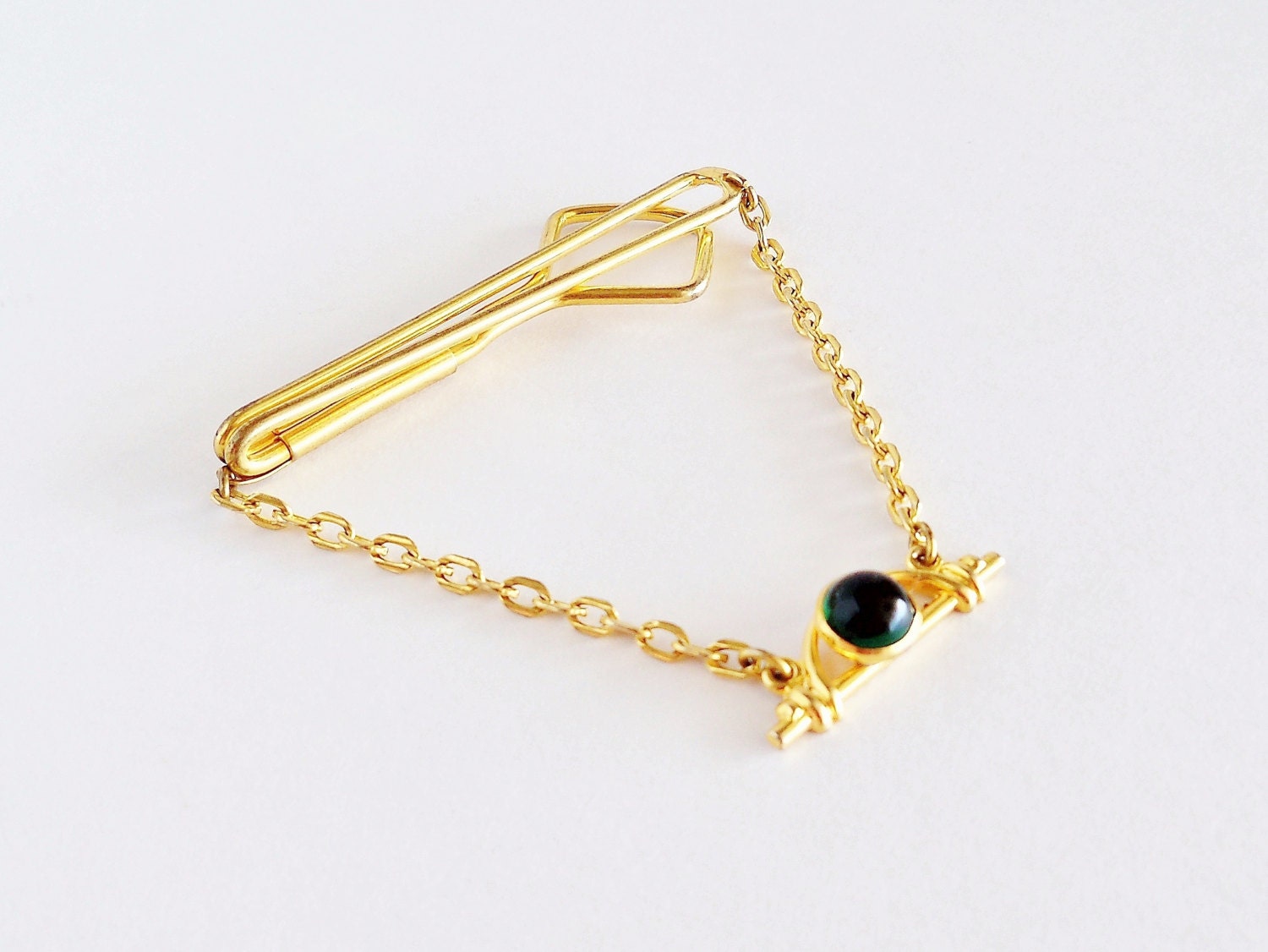SWANK Deep Green Stone Chain Tie Clip Bar by SunshineSurprises
