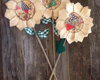 Primitive Flower Stems with Centers made from Cutter Quilt