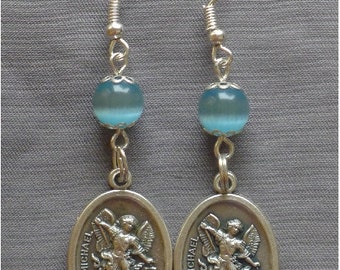 St Michael - 8mm Blue Cats Eye Gemstone Earrings