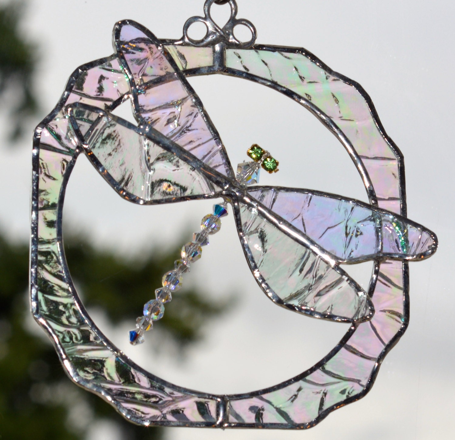 Stained Glass Dragonfly Suncatcher with Swarovski Crystal