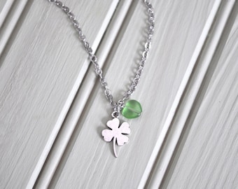 St Patrick's Day Four Leaf Clover Green Bead Silver Necklace
