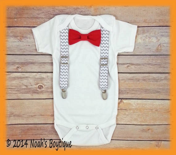 Baby Boy Clothes - Grey Chevron Suspender Outfit - Red Bow Tie Baby Bodysuit - Baby First Birthday Outfit - Preppy Baby Boy - Tie Suspender by NoahsBoytiques