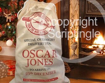 Personalised santa sack / personalised Christmas sack with red text CHRISTMAS IN JULY