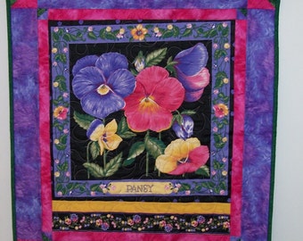 Pansy wall hanging - lavender floral quilt - purple pink golden yellow ...