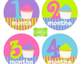 Cupcake Baby Monthly Stickers - Baby Bodysuit Stickers - Monthly Baby Stickers - Girl Monthly Stickers - 001