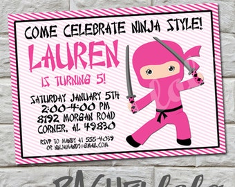 Pink Ninja birthday invitation, do-it-yourself, digital print, gift