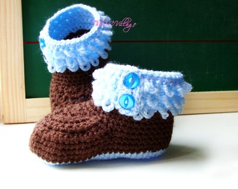Crochet baby boy booties, brown and blue handmade shoes