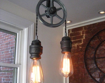 Pulley Light - Metal Light - Steampunk Ceiling Light- Industrial Lighting - Fixture - Chandeliers - bar light - brewery light - loft light