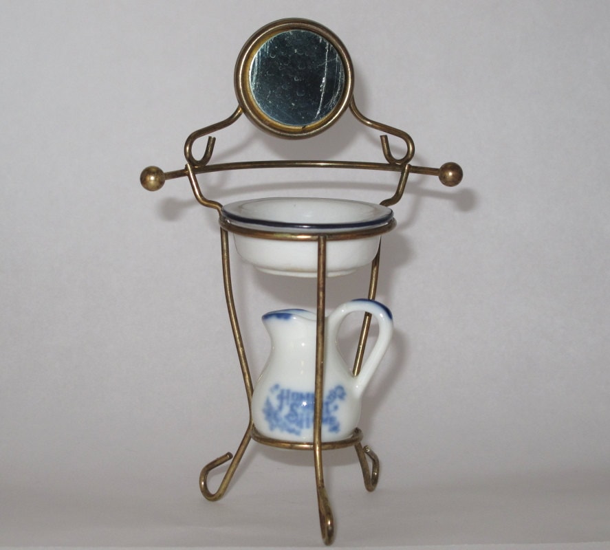 Vintage 1980s Miniature Metal Brass Wash Basin Stand with Porcelain