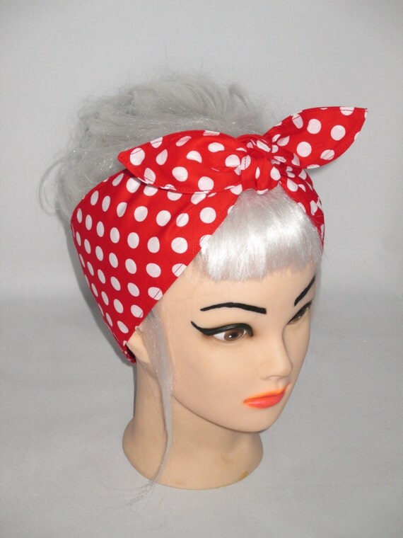 White Red Polka dots Rockabilly Head Scarf 50 s Pinup Vintage