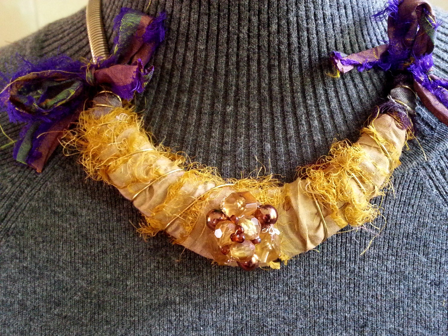 Sari Silk and Wire Wrapped Bib Necklace by AlterEchos on Etsy