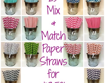 25 Mix and Match Paper Straws Weddings, Events, Gender Reveal, Birthdays, Polka Dot, Striped, Chevron, Birch, Bamboo Cake Pops Accessories