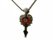 Steampunk Heart Locket Necklace, Clockwork, Watch Hand, Brass Pendant, Red Rhinestone, Clockwork