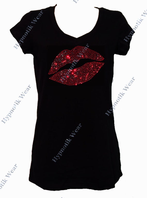 Womens Rhinestone T Shirt Sexy Red Lips In S M L 1x 2x 3x