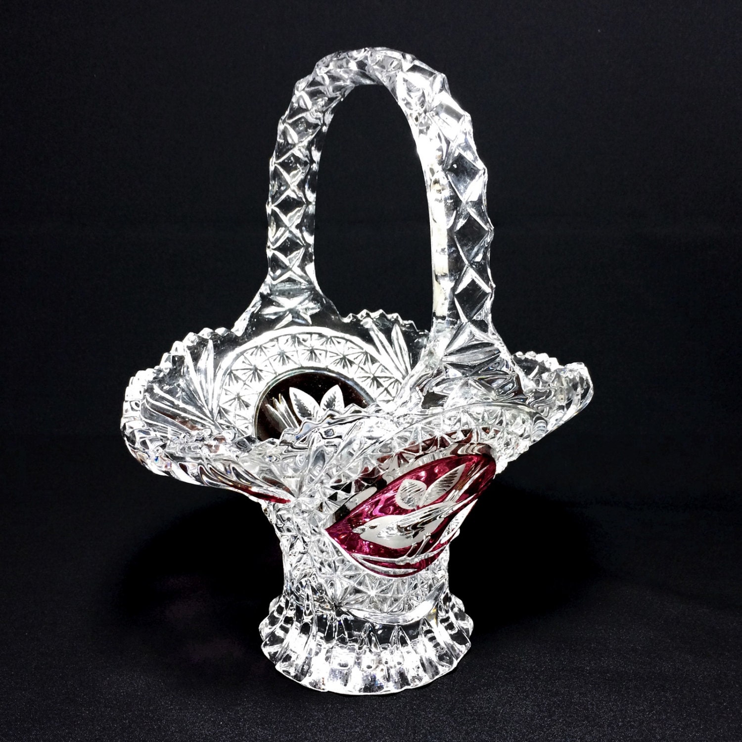 Vintage Red Byrde Cut Crystal Basket by Hofbauer